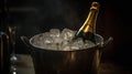 Bottle of champagne in bucket of ice on gold blink blurred background, generative ai Royalty Free Stock Photo