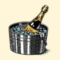 Bottle of champagne in a bucket with ice. Sparkling wine or alcoholic holiday drink. Hand drawn engraved monochrome Royalty Free Stock Photo