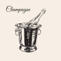 A bottle of champagne in a bucket with ice. Vector drawing Royalty Free Stock Photo