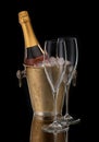 Bottle champagne in bucket and two glasses, Royalty Free Stock Photo
