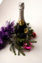 A bottle of champagne and a Christmas tree branch. Royalty Free Stock Photo