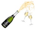 Bottle of Champagne explosion and two glasses Royalty Free Stock Photo