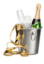 Bottle of Champagne and Flutes in Ice Bucket Royalty Free Stock Photo