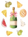 Bottle of champagne with food - cheese, bread