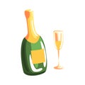 Bottle of champagne and full champagne glass cartoon vector Illustration Royalty Free Stock Photo