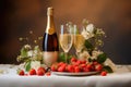 Bottle of champagne, a glass, roses in a vase and fresh strawberries on a plate on the table. Romantic breakfast for a couple in