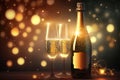 Bottle of champagne with glasses bokeh sparks background, festive drink, celebration, party