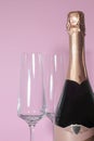 Bottle of champagne with glasses on a pink background Royalty Free Stock Photo