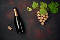 Bottle of champagne, grape bunch of cork with leaves on rusty background