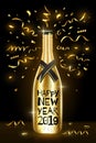 Bottle of champagne. Happy New Year 2019 greeting card. Winter holidays. Vector Illustration EPS10. Royalty Free Stock Photo