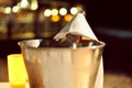 Bottle of champagne in ice bucket during romantic dinner Royalty Free Stock Photo