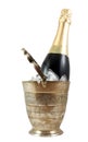 Bottle of champagne in old silver ice bucket Royalty Free Stock Photo