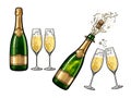 Bottle of champagne and pair of glasses in cartoon style. Hand drawn vector illustration Royalty Free Stock Photo