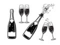 Bottle of champagne and pair of glasses. Popping bottle with cork flying out. Black and white hand drawn vector illustration Royalty Free Stock Photo