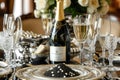 A bottle of champagne sits elegantly on a table, ready to be popped for a joyous celebration, A lavish table set with fresh Beluga Royalty Free Stock Photo