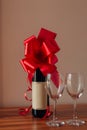 A bottle of champagne on the table and two empty glasses Royalty Free Stock Photo