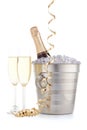 Bottle with champagne and two full wineglasses Royalty Free Stock Photo