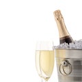 Bottle with champagne and two full wineglasses Royalty Free Stock Photo