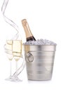 Bottle with champagne and two full wineglasses Royalty Free Stock Photo