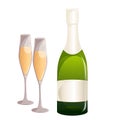 A bottle of champagne and two glasses.An element for holidays, Christmas, birthday, New Year, weddings.