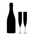 Bottle of champagne and two glasses. Silhouette Vector illustration Royalty Free Stock Photo