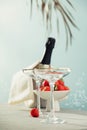 Bottle of champagne, two glasses and strawberries on sea and sky background. Royalty Free Stock Photo