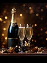 A bottle of champagne and two glasses on a table, AI Royalty Free Stock Photo