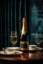 A bottle of champagne and two glasses of wine on a table. AI. Royalty Free Stock Photo