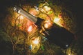 bottle of champagne under the Christmas tree in the light of garlands. copy space for bottle design Royalty Free Stock Photo