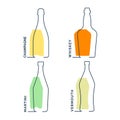 Bottle champagne whiskey martini vermouth continuous line in linear style on white background. Black thin outline and color fill.