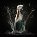 Bottle of champagne, wine, foam splashes on black background, close-up, a good background for congratulations, celebrations Royalty Free Stock Photo