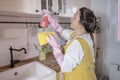 bottle of cleaning product spray in hands woman in kitchen, sanitary cleaning items, spring home cleaning, highlighting Royalty Free Stock Photo