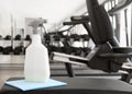 bottle cleaning solution gym bench. High quality photo