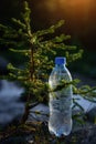 Bottle of clear icy water from mountain stream near a small coniferous tree in the sun rays, blurred background. Image for Royalty Free Stock Photo