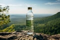 Bottle of clear water standing on stone on landscape background