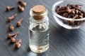 A bottle of clove essential oil with dried cloves