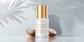 Elegant coconut skincare product with golden cap and halved coconuts on a reflective surface Concept of natural beauty, hydration Royalty Free Stock Photo
