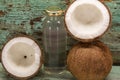 Bottle of coconut water and fresh fruits in natura.