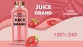 Bottle of cold pressed BIO juice with strawberries and pink waves in background. Realistic 3D mockup product placement