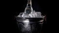 Bottle of cold vodka in bucket of ice on dark background, generative ai Royalty Free Stock Photo