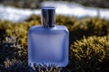 A bottle of cologne is sitting on a patch of grass Royalty Free Stock Photo