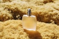 A bottle of cologne is sitting on a sandy field Royalty Free Stock Photo