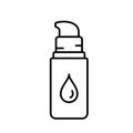 Bottle of concealer or moisturizer. Linear icon of vial with dispenser, drop of cream. Black illustration of makeup products for