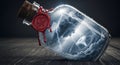 Bottle containing a dramatic storm with lightning and a swirling vortex, symbolizing power and chaos Royalty Free Stock Photo