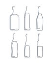 Bottle continuous line rum, beer, martini, vermouth, wine, vodka in linear style on white background. Solid black thin outline.