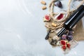 Bottle, corkscrew, glass of red wine, figs on a table Royalty Free Stock Photo