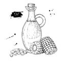 Bottle of corn cooking oil. Vector Hand drawn illustration. Glass pitcher vintage