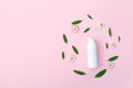 Bottle of cream with fresh chamomile flowers and green herbal leaves isolated on pastel pink background, flay layout, top view, co