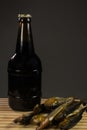 A bottle of dark beer and a plate of fish. On a dark background Royalty Free Stock Photo