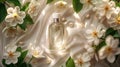 a bottle of delicate spring perfume accompanied by jasmine flowers, set against a light and festive background Royalty Free Stock Photo